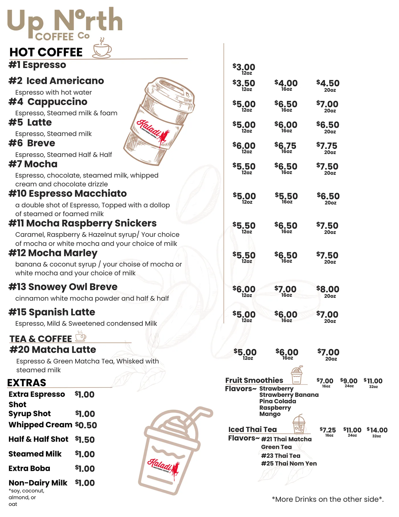 Up North Coffee Co menu — drinks, page 1
