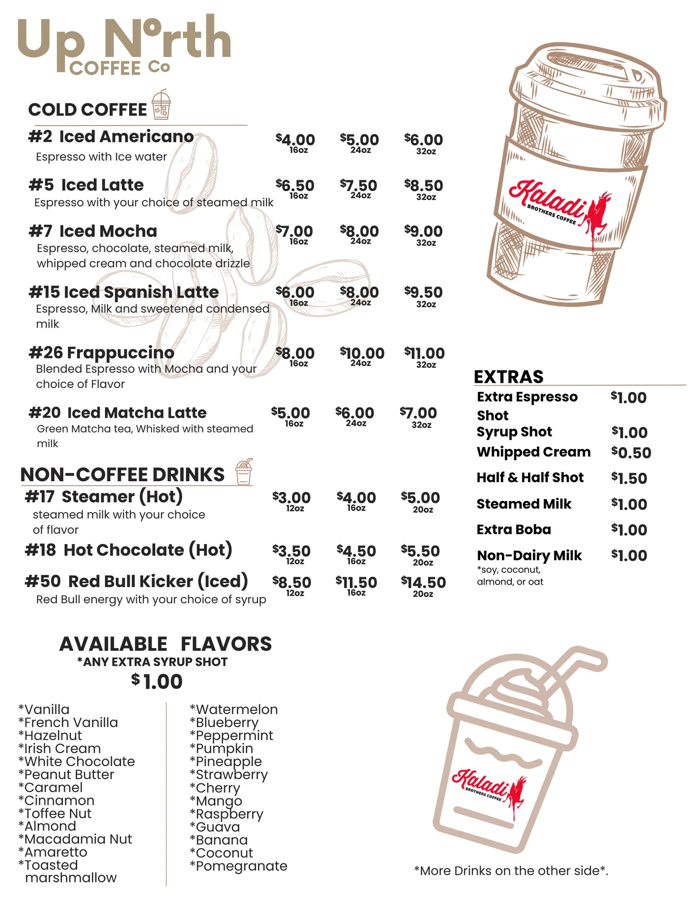 Up North Coffee Co menu — drinks, page 2