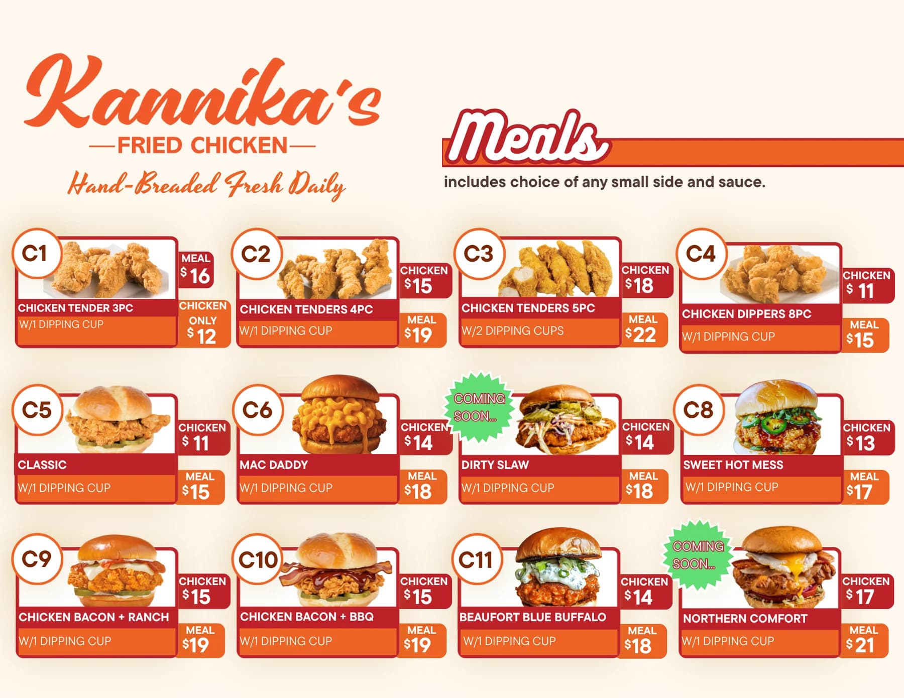 Kannika's Fried Chicken menu — meals and sandwiches