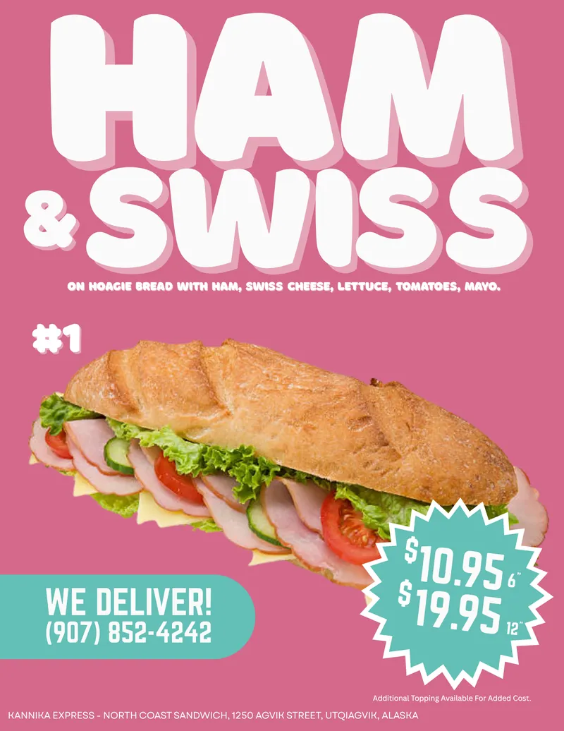 #1 Ham & Swiss — Ham & Swiss on Hoagie bread with Tomato, Lettuce, Onions & Mayo.