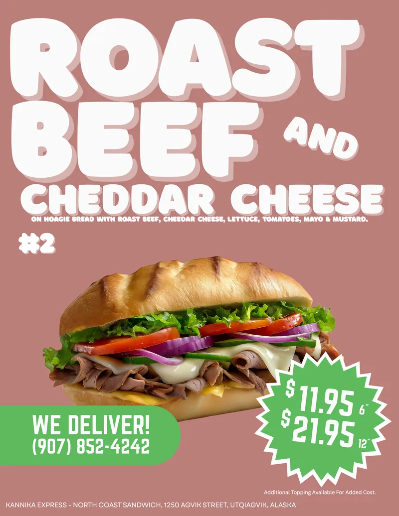 #2 Roast Beef & Cheddar — Roast Beef & Cheddar on Hoagie bread with Tomato, Lettuce, Onions & Mayo.