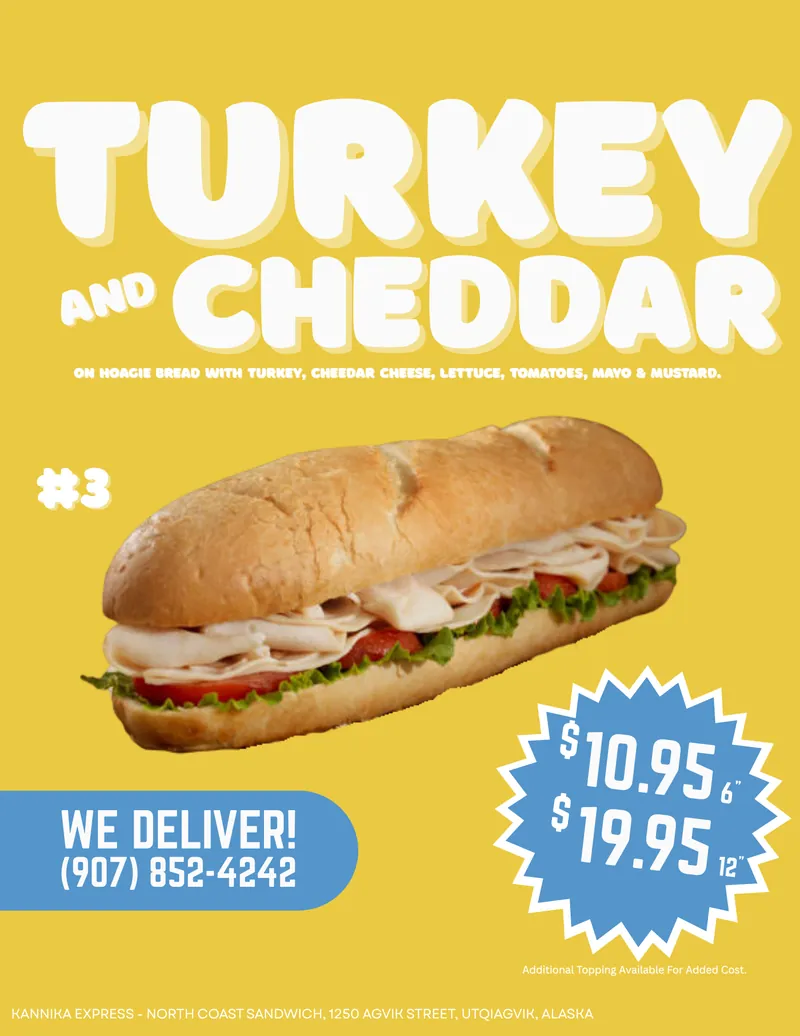 #3 Turkey & Cheddar — Turkey & Cheddar on Hoagie bread with Tomato, Lettuce, Onions & Mayo.