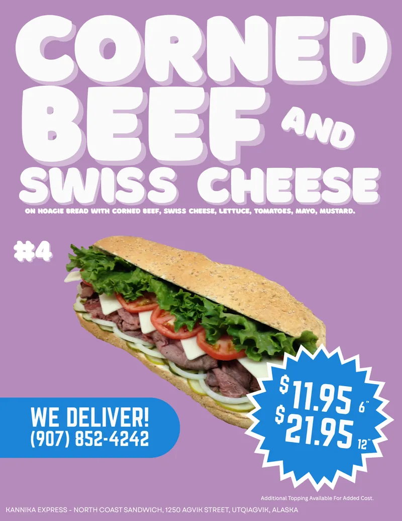 #4 Corned Beef & Swiss — Corned Beef & Swiss on Hoagie bread with Tomato, Lettuce, Onions & Mayo.