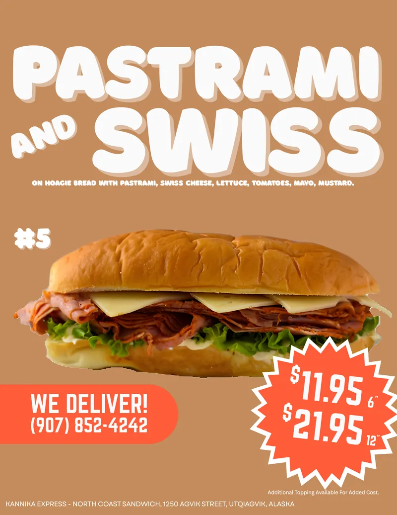 #5 Pastrami & Swiss — Pastrami & Swiss on Hoagie bread with Tomato, Lettuce, Onions & Mayo.