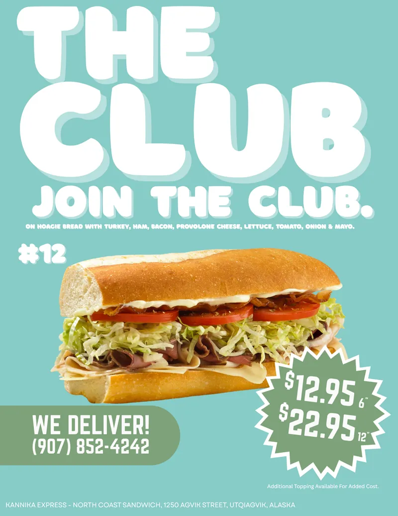 #12 The Club — Sliced Turkey, Ham & Bacon placed on Hoagie bread with Provolone cheese, Lettuce, Tomato, Onions & Mayo.