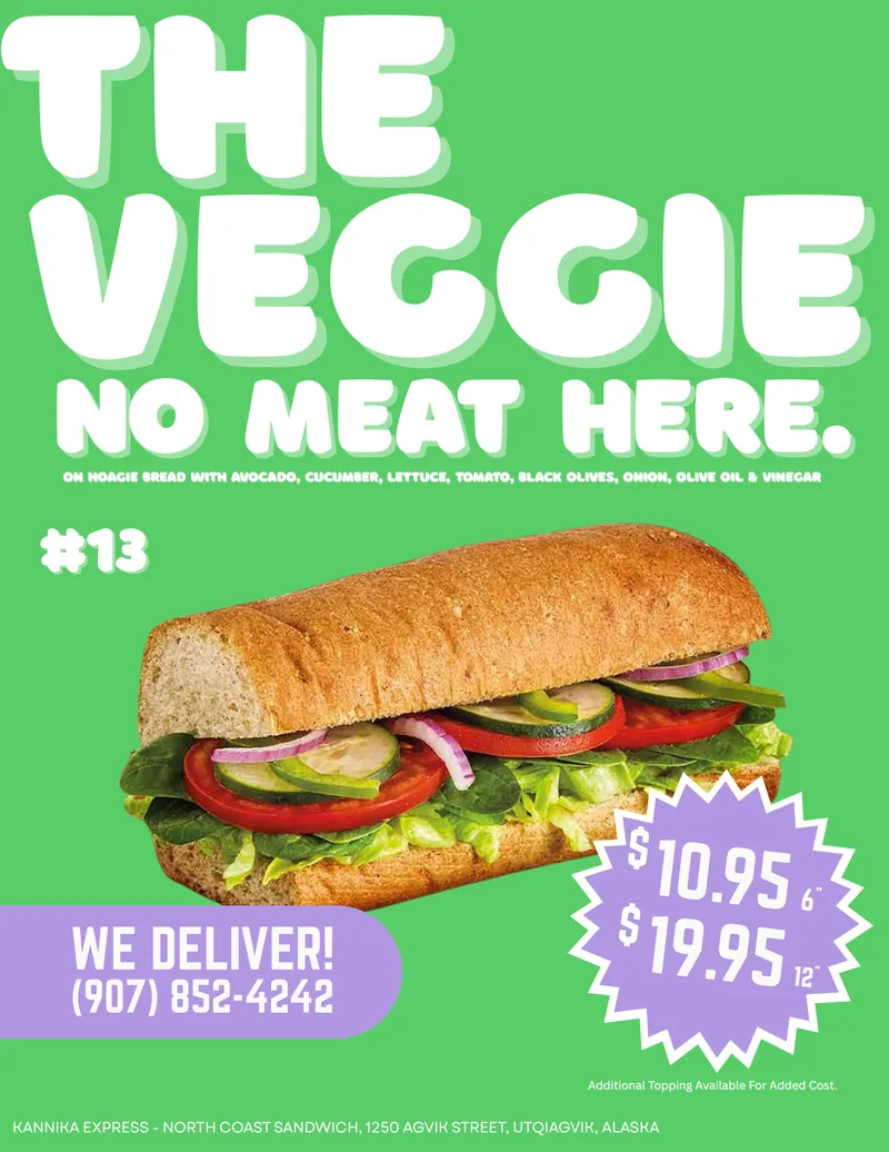#13 The Veggie — Guacamole spread on Hoagie bread with Cucumber, Lettuce, Onion, Tomato, Black Olives & drizzled with Olive Oil and Vinegar.