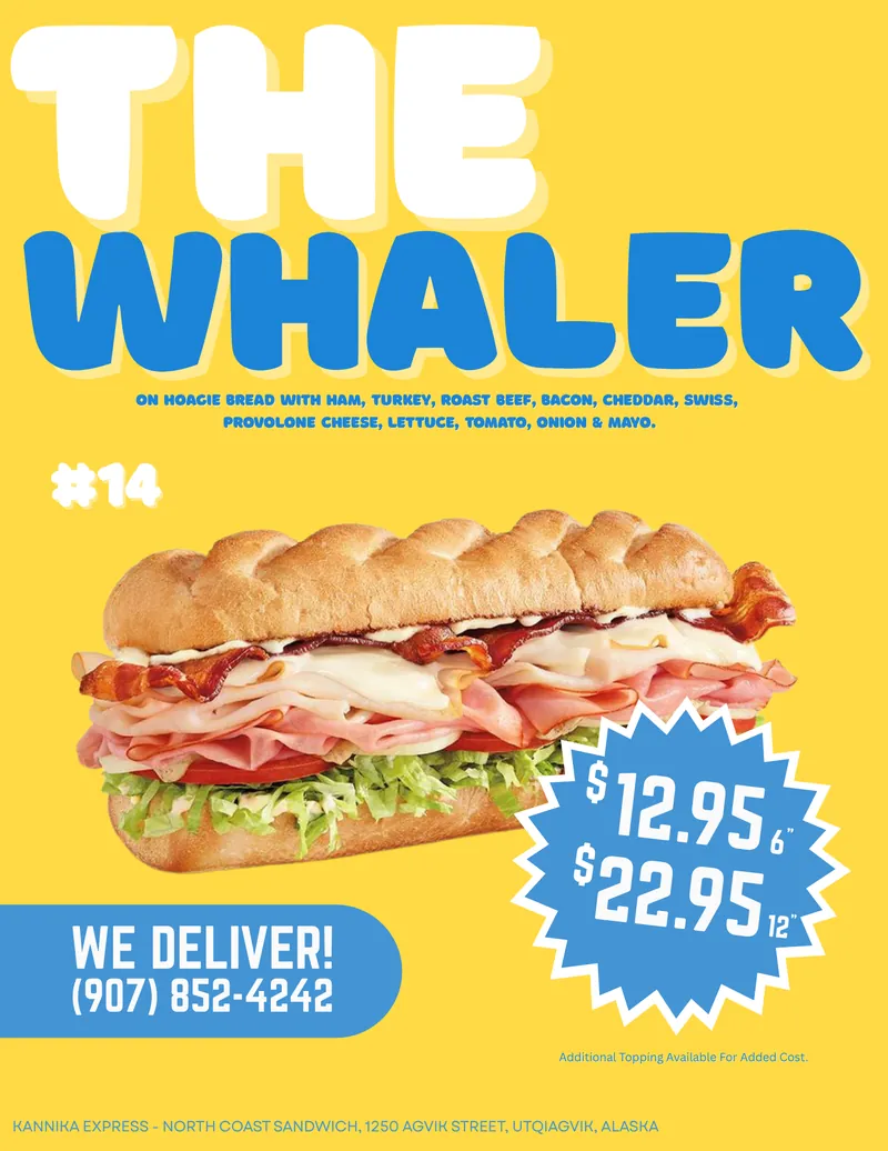 #14 The Whaler — Ham, Turkey, Roast Beef & Bacon on Hoagie bread with Cheddar, Swiss, Provolone, Lettuce, Tomato, Onions & Mayo.