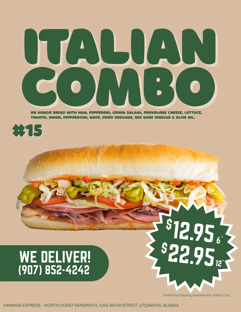 #15 Italian Combo — Ham, Pepperoni & Genoa Salami on Hoagie bread with Provolone, Lettuce, Tomato, Onion, Pepperoncini & Oregano. Drizzled with Olive Oil & Red Wine Vinegar.