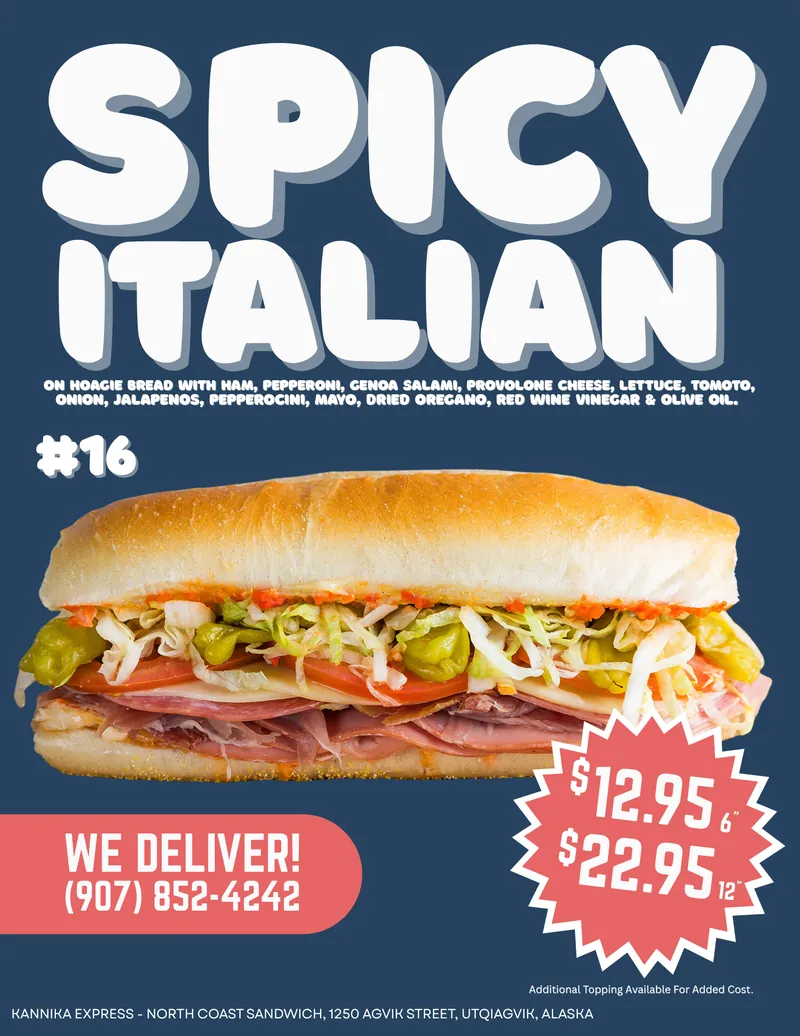 #16 Spicy Italian Combo — Ham, Pepperoni & Genoa Salami on Hoagie bread with Provolone, Lettuce, Tomato, Onion, Jalapenos, Mayo & Oregano. Drizzled with Olive Oil & Red Wine Vinegar.