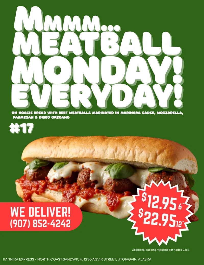 #17 Meatball — Meatballs marinated in Marinara Sauce placed on Hoagie bread topped with Mozzarella, Parmesan & Oregano.
