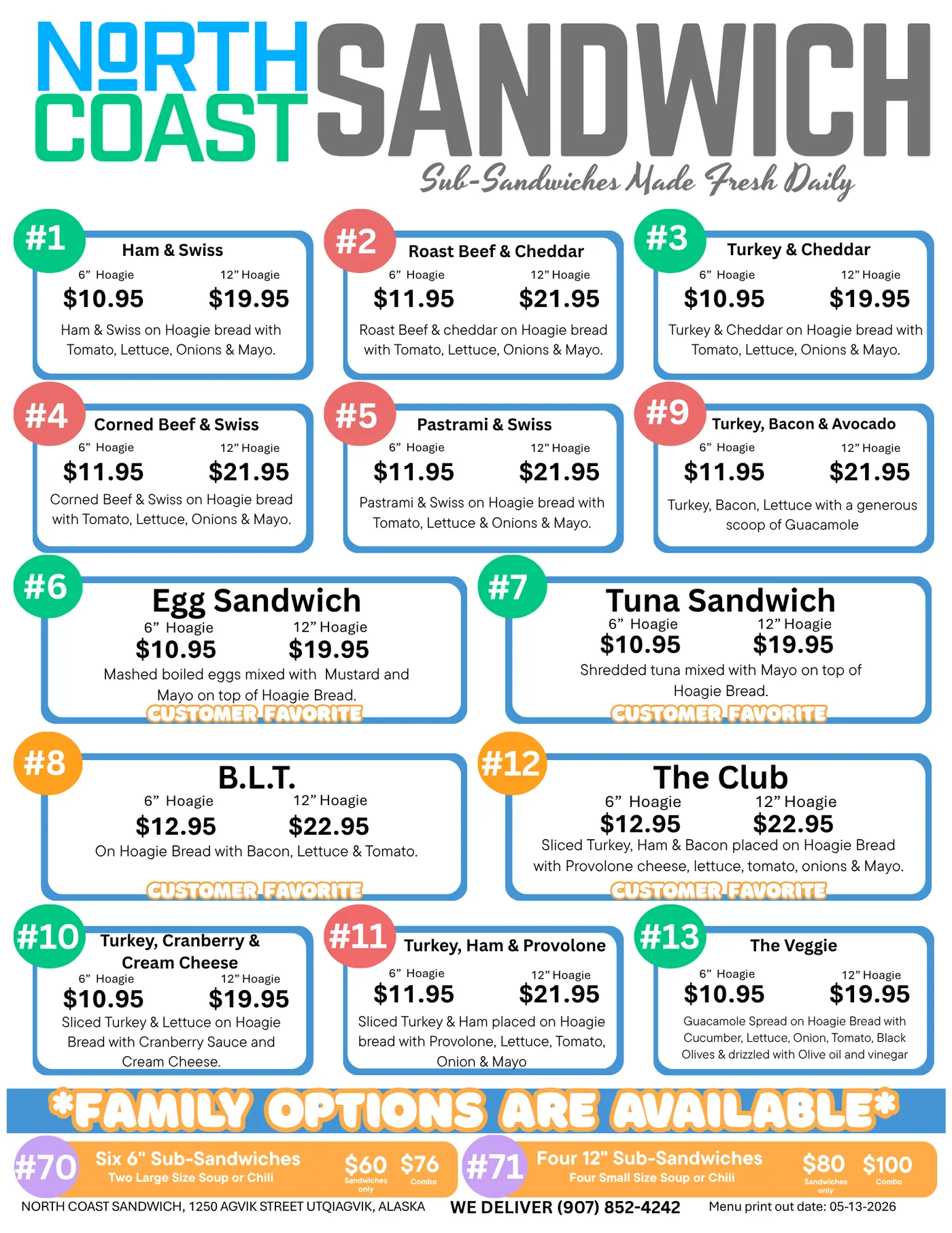 North Coast Sandwich Co printed menu, page 1