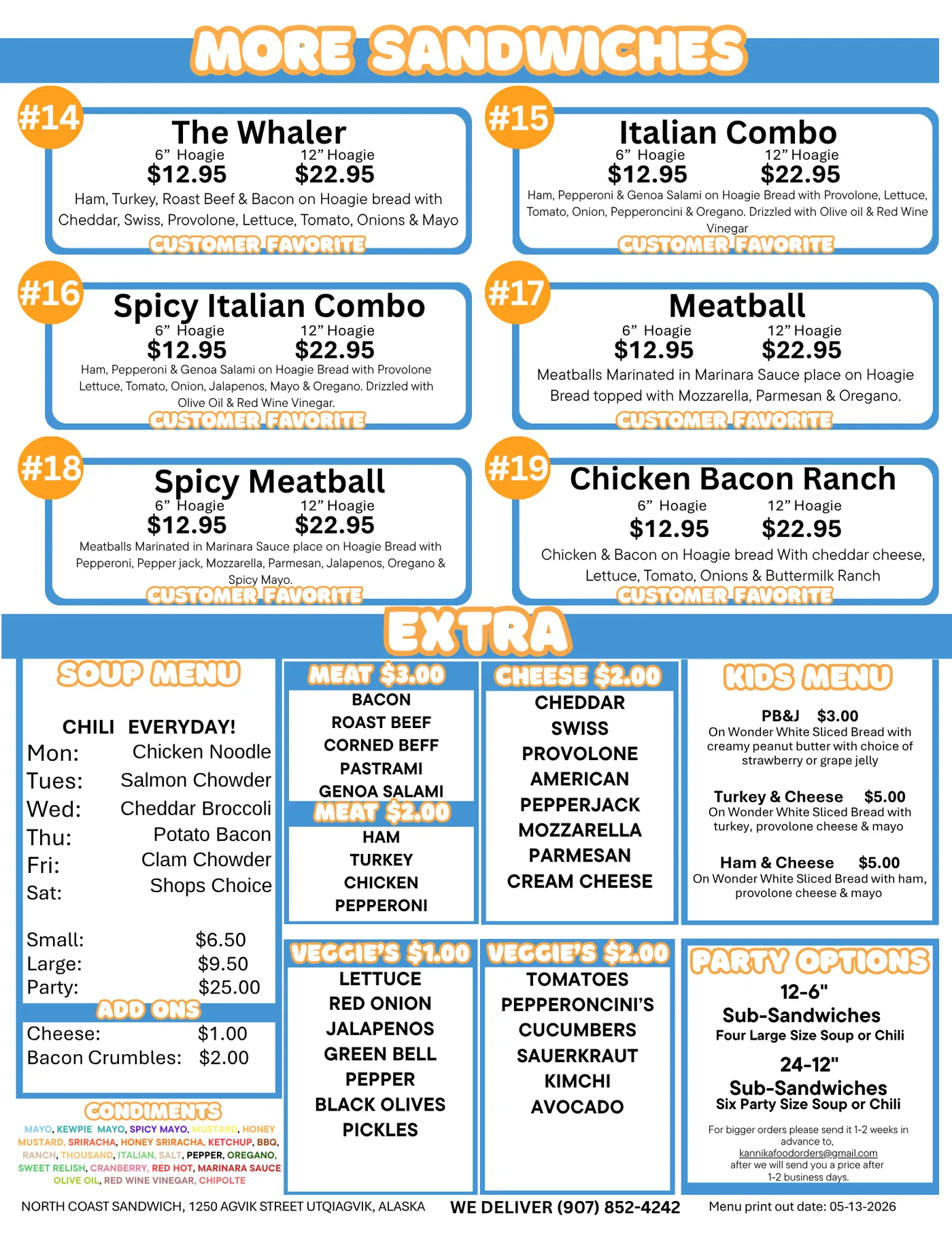 North Coast Sandwich Co printed menu, page 2